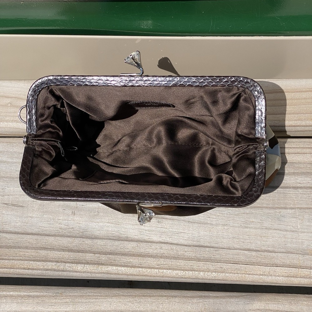 Vintage Coach Snakeskin Kisslock Frame Wristlet Clutch Satin Scarf Print Crystal - Picture 12 of 16